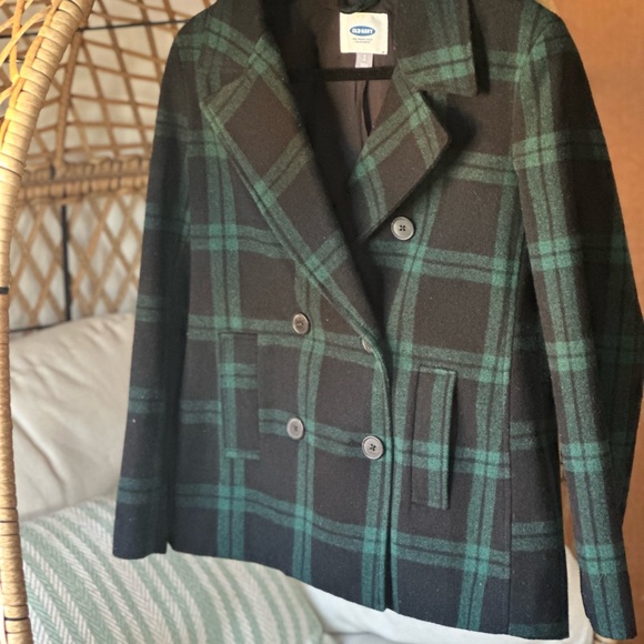 Old Navy Green Black Christmas Plaid Double Breasted 41% Wool Winter Jacket Sz S - Picture 4 of 9